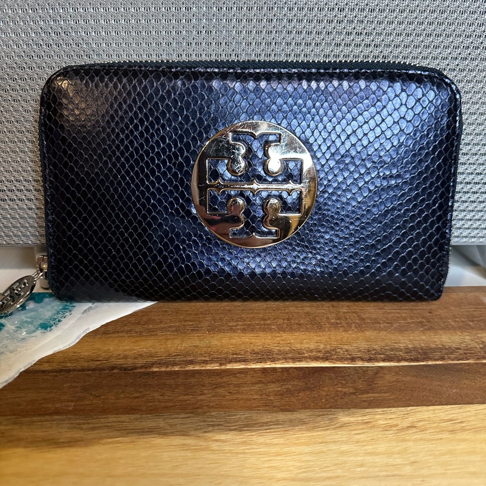 Tory Burch Blue Wallet with Silver Logo